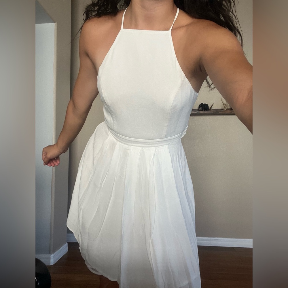 Lined white halter dress with flowy skirt